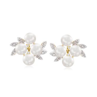 Ross-Simons 5.5-6mm Cultured Pearl Cluster Earrings With Diamond Accents in 14kt Yellow Gold