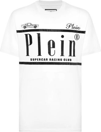Philipp Plein Jersey T-shirt Ronde Hals SS Strass Racing Club - Heren - T-shirts - Wit - M - Katoen - Tops