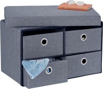 Relaxdays Storage Bench, 4 Drawers, Padded Stool for Home, Foldable, HxWxD: 39 x 60 x 38 cm, Grey - Relaxdays