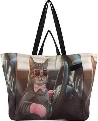 Generic Cat Driving Black Car pattern Reusable Canvas Tote Bag, Heavy Duty Grocery Shopping Bag with Double Handles Hard Bottom Large Capacity Work Groceries 