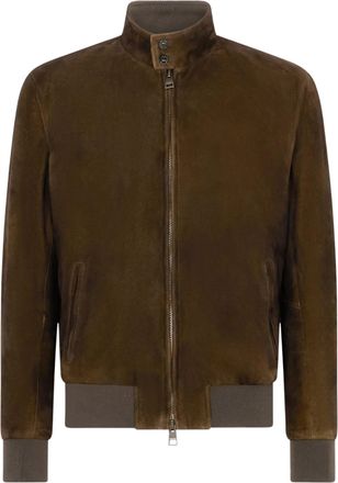 Boglioli Sleek Brown Leather Bomber Jacket with Stand Collar and Minimalist Design