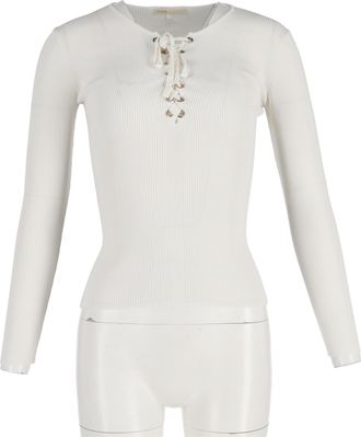 Maje gebreide trui met vetersluiting, ribbels en stretchstof in witte viscose