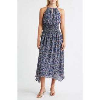 Halogen Smocked Waist Sleeveless Maxi Dress in Blue Multi at Nordstrom Rack, Size Xx-Large