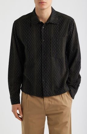 Percival Leland Stripe Boxy Button-Up Shirt in Black at Nordstrom, Size Xx-Large