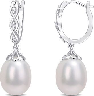 Mimi & Max 8-8.5mm Cultured Freshwater Pearl and Diamond Accent Earrings in Sterling Silver