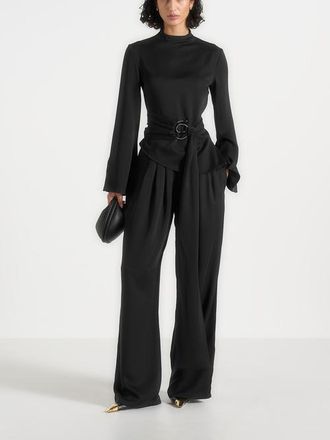 Mani&egrave;re De Voir Aurore High Neck Pleated Jumpsuit With Wrap Waist in Black at Nordstrom, Size 12