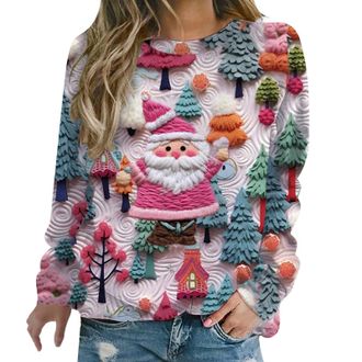 Generic Womens Christmas Sweatshirts Cute Xmas 3D Graphic Print Sweaters Oversized Long Sleeve Round Neck Pullover Tops Snowflake Reindeer Knitted Sweater Lon