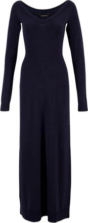 Balenciaga Donkerblauwe Off Shoulder V-hals Jurk - Dames - Maxi kleedjes - Blauw - S - Wol - Kleedjes