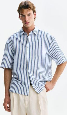 H&M Relaxed Fit Short-sleeved Linen-blend Shirt in Blue/striped at Nordstrom, Size Xx-Large