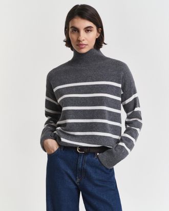 GANT Women Striped Superfine Lambswool Turtleneck Sweater (XXXL) CHARCOAL MELANGE