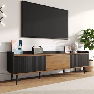 Merax Mid-Century TV Cabinet with Fluted Contrast Doors & Raised Top Edge in Black