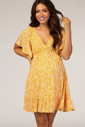 Pinkblush Floral Smocked Ruffle Dress in Yellow at Nordstrom, Size Medium