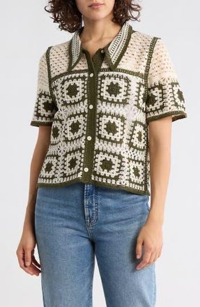 Forgotten Grace Open Knit Square Short Sleeve Cardigan in Natural/Dark Olive at Nordstrom Rack, Size X-Large