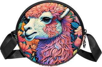 Generic Circle Crossbody Bag for Women, Color Drawing Alpaca Small Sling Bag Daypack with Zipper Adjustable Shoulder Straps Casual Ladies Girls Round Purse