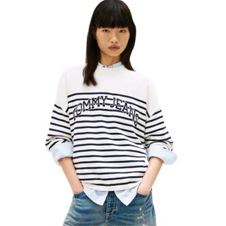 Tommy Jeans Dames/Dames Gestreept Sweatshirt met Geribbelde Ronde Hals (Antiek Wit)