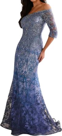 Mon Cheri Ivonne D Off-The-Shoulder Three Quarters Sleeve Gown In Navy/periwinkle