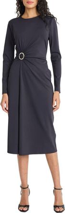 Maggy London Long Sleeve Side Gather Sheath Midi Dress in Black at Nordstrom, Size 10