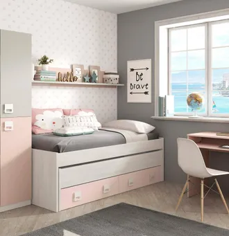 Dmora Cama Individual Dcurci, Armaz&oacute;n De Cama Para Dormitorio, Cama Individual Con Cuna Extra&iacute;ble Y 2 Cajones Y Balda A Juego, 199x96h65 Cm, Blanco Y Rosa -