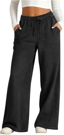 Generic Womens Stretch Denim Pants Elastic Drawstring Waist Pockets Trousers Loose Fit Casual Trousers for Fitness Soft Relaxed fit Loungewear and Trendy Ever