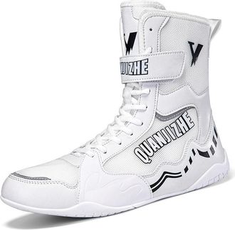 Generic Non-Slip Wrestling Boxing Shoes for Men High Top Wrestling Fitness Boots Lightweight Breathable Weightlifting Footwear,White,6.5 UK