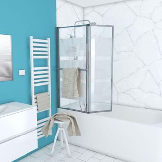Aurlane Aurlane - Biombo Ba&ntilde;era Elevable -130x105cm Perfila Luminio Cromo Y Cristal Transparente Con Banda Pulida - Heritage Cromo Pulido