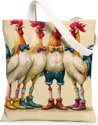 Generic Fanciful Rooster Canvas Tote Bag, Vintage Farm Design Reusable Bag, Lightweight Washable Shoulder Strap for Groceries, Trav, Beige, 13x15 Inch