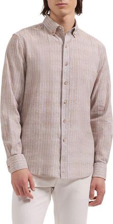 Bugatchi Austin Shaped Fit Stripe Cotton & Linen Button-Down Shirt in Desert at Nordstrom, Size Xxx-Large