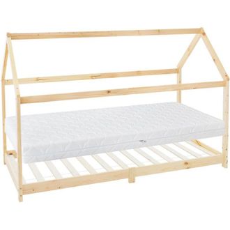 ML Design Letto a Forma di Casetta Tipi Naturale 90x200 cm Legno di Pino Massiccio Protezione Anticaduta con Materasso da 16 cm Schiuma Fredda Lettino per