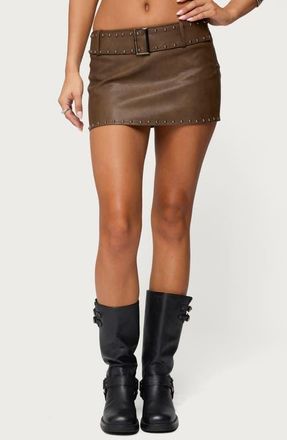 Edikted Studded Faux Suede Miniskort in Brown at Nordstrom, Size X-Large