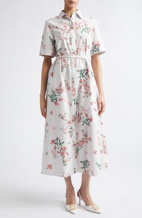 Erdem Floral Organic Cotton Midi Shirtdress in Painted Orchid Petal Pink at Nordstrom, Size 10