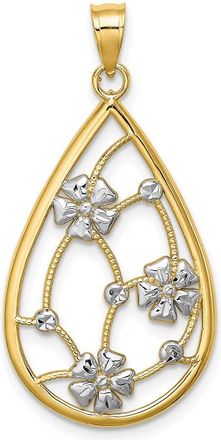 Diamond2Deal 14k Yellow Gold White Rhodium Flowers In Teardrop Frame Charm