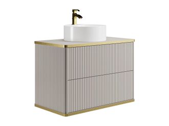 Vente-Unique Mueble de ba&ntilde;o suspendido estriado con ribete dorado y lavabo redondo para colocar - Beige - 80 cm - KELIZA