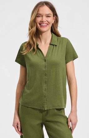 Lands End Linen Blend Short Sleeve Button Front Polo Top in Artichoke at Nordstrom, Size X-Large P