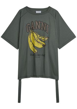 Ganni Printed Drawstring Cotton T-shirt - Grey - S/M (UK10-12 / M)