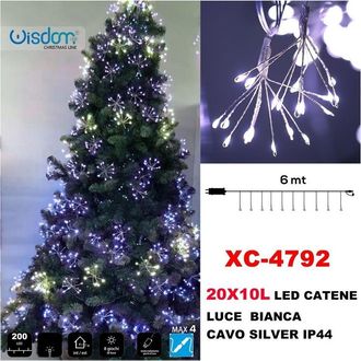Trade Shop Trade Shop - Catena Luminosa 200led 20x10luci Con Ciuffi Luce Bianca Cavo Silver Ip44 Xc-4792