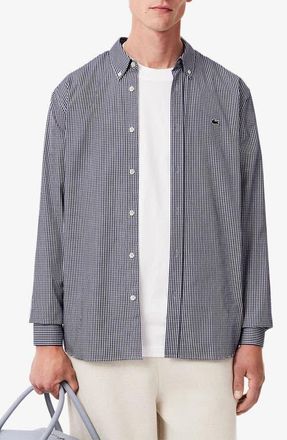 Lacoste Checker Cotton Pinpoint Button-Down Shirt in White/Navy Blue at Nordstrom, Size 16.5