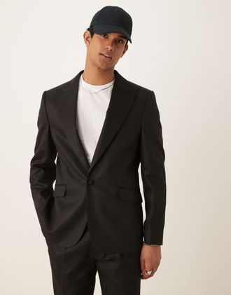 Asos Giacca da abito slim fit nero lucido in misto lino