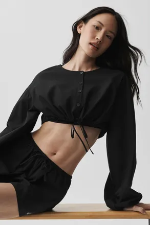 Alo | Cotton Cropped Real Deal Long Sleeve Top in Black, Size: Medium