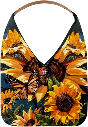 Generic Sunflower Butterflies Painting Reusable Lightweight Grocery Bags - Foldable Into Compact Pouch, Washable & Sturdy, Multipurpose for Shopping and Trave