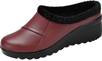 Generic Momolaa Clearance UK 6.5 Womens Ladies Leather Wedge Slippers Clogs Sherpa Lined Indoor/Outdoor Slip-Ons Mule Slippers with Plush Lining and Rubber Ou