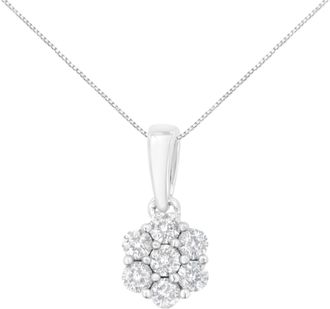 House of Brilliance 14K White Gold 1/2 cttw Prong Set Round-Cut Diamond 7 Stone Floral Cluster 18 Pendant Necklace