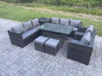 Fimous Outdoor Garden Furniture Rattan Lounge Sofa Set Dining Table with 2 Armchair Side Table 2 Stool 10 Seater in Dark Grey