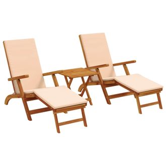 vidaXL Recliner Y Tumbona Plegable 3 Pcs Beige Madera De Acacia S&oacute;lida Vidaxl