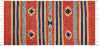 Beliani Alfombra Kilim De Algod&oacute;n Azul Rojo Naranja 80 X 150 Cm A Mano Geom&eacute;trico Borlas Hatis