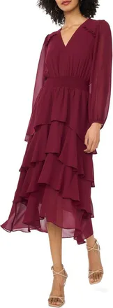 Vince Camuto Smocked Waist Long Sleeve Tiered Midi Dress in Crisp Merlot at Nordstrom, Size X-Large