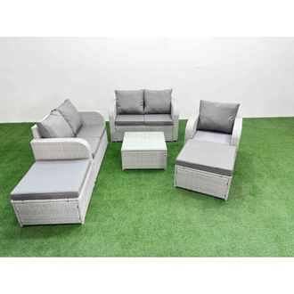 Fimous High Back Poly Rattan Garden Furniture Set with Reclining Chair Loveseat Sofa Square Coffee Table Indoor Outdoor Patio Set 2 Stool Light Grey - Fimous