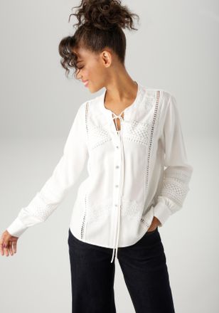 Aniston Hemdbluse ANISTON CASUAL, Damen, Gr. 36, weiss (wollwei&szlig;), Web, Obermaterial: 100% Viskose, unifarben, figurumspielend taillenbedeckt, Rundhals, Mansc