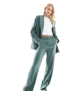 Vero Moda Tall tailored herringbone wide leg pants in dark forest green - part of a set