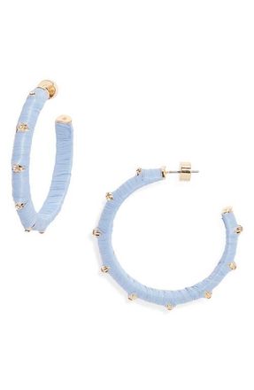 Nordstrom Crystal Accent Raffia Wrapped Hoop Earrings in Light Blue- Clear- Gold at Nordstrom