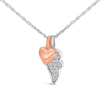 House of Brilliance 14K Rose Gold Plated Sterling Silver 1/10 Cttw Diamond Heart & Wing Pendant Necklace